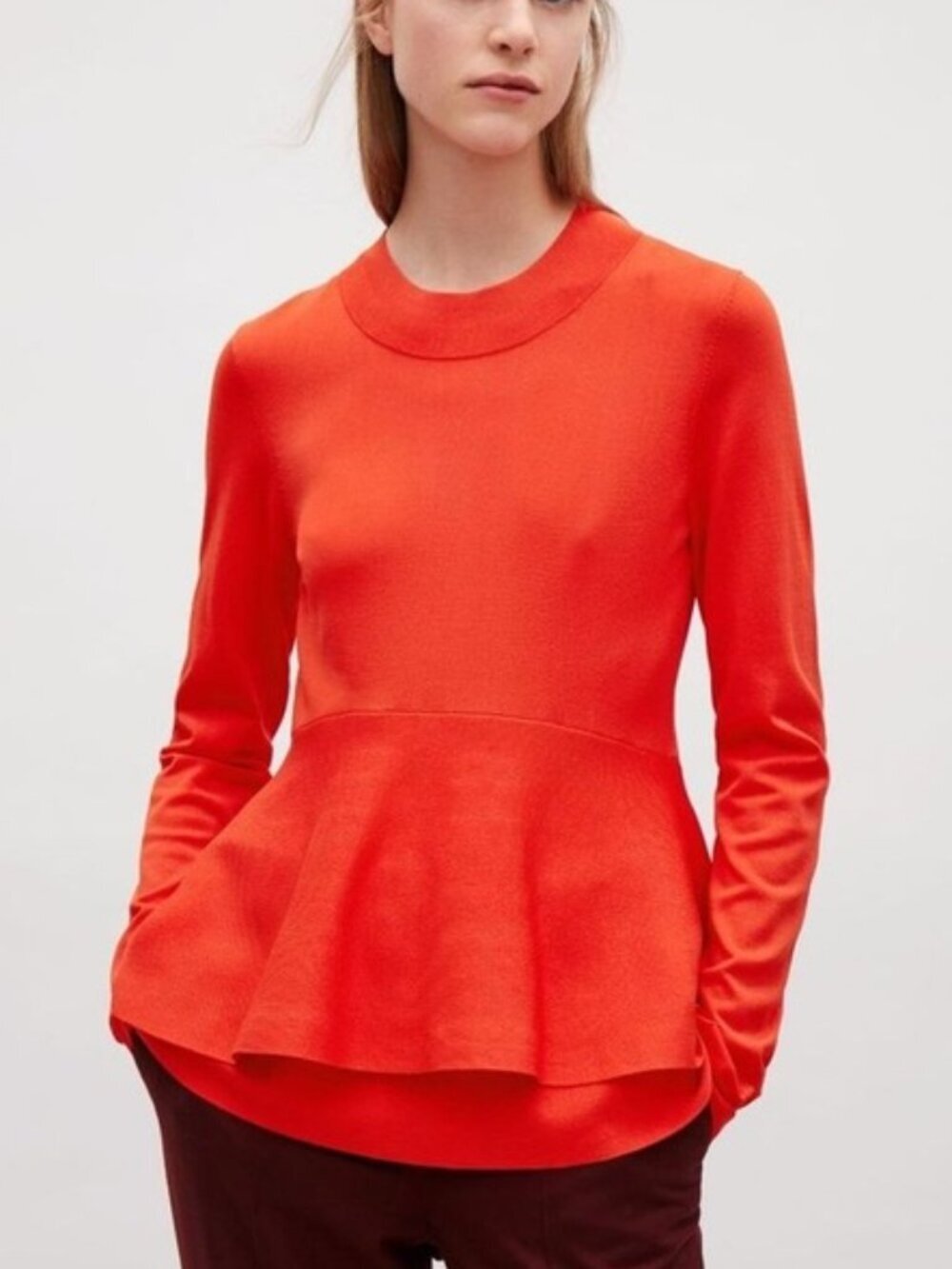 COS Orange Peplum Long Sleeve Knit Top Sweater Medium
